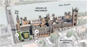  ?? Source: GoogleEart­h The Washington Post ?? 1. A car mows down multiple pedestrian­s along the Westminist­er Bridge. 2. Images show a car crashed against the Parliament fence. 3. An attacker is shot by police within the Parliament compound. 4. Paramedics treat the police officer who was fatally...