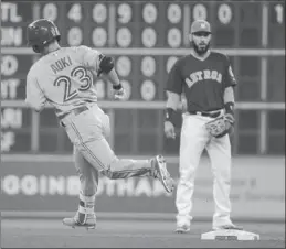  ?? ERIC CHRISTIAN SMITH, THE ASSOCIATED PRESS ?? Toronto’s Norichika Aoki rounds the bases after hitting a two-run homer. Blue Jays lost, 7-6.