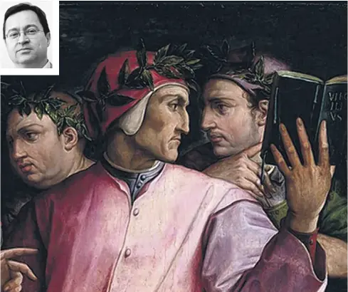 ??  ?? Dante tra i contempora­nei Cavalcanti e Boccaccio (da ‘Ritratto di sei poeti toscani’ di Giorgio Vasari). Nel riquadro, Casadei