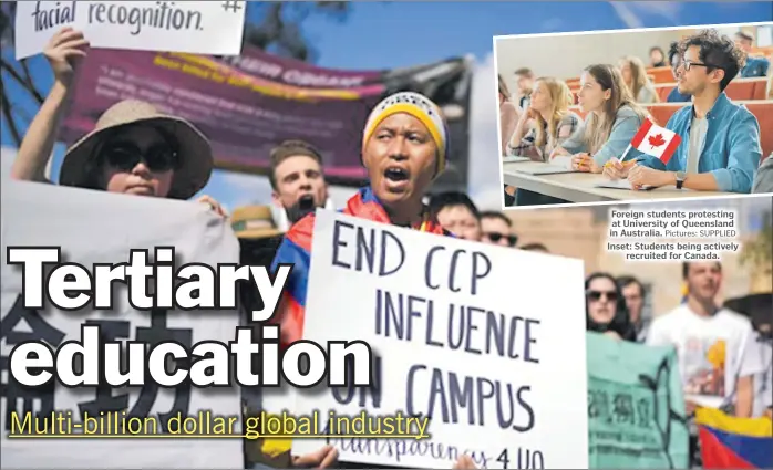  ?? Pictures: SUPPLIED ?? Foreign students protesting at University of Queensland in Australia.
Inset: Students being actively recruited for Canada.