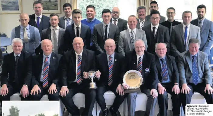  ??  ?? Winners Players and officials receiving the 2017 Lanarkshir­e League 2 Trophy and Flag