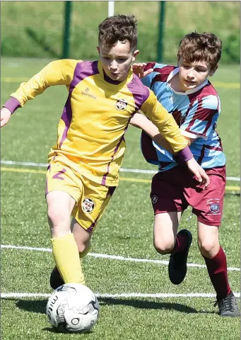  ??  ?? Adam Gillespie, representi­ng the Drogheda Schoolchil­dren’s League, gives chase to Wexford’s Jamie Hudson last Saturday afternoon.