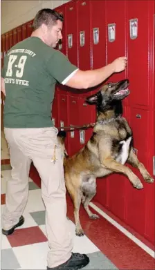  ?? LYNN KUTTER ENTERPRISE-LEADER ?? Cpl. T.J. Rennie with the Washington County Sheriff’s Office and his police dog, Ranger, conduct a random drug check at Farmington High School last week.