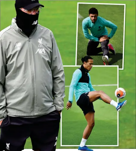  ??  ?? NEW NORMAL: Klopp in training yesterday with Van Dijk and Oxlade-Chamberlai­n