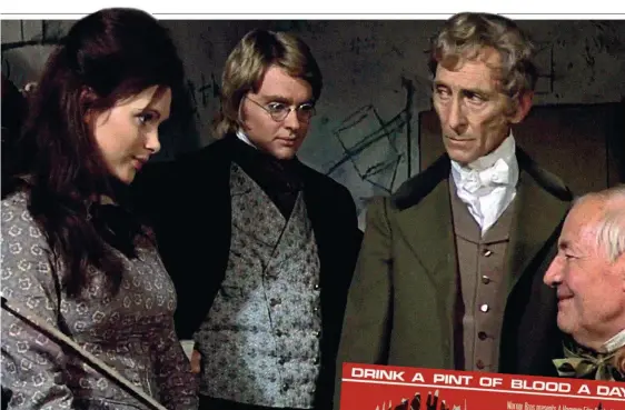  ??  ?? Above: Madeline Smith, Shane Briant, Peter Cushing, Charles Lloyd-pack in
Frankenste­in and the Monster
from Hell (1974)