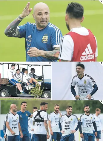  ?? FOTOS: AFP ?? 1 2 3 4 Sampaoli todavía tiene unas dudas en su cuadro titular ante Islandia. El ambiente es de primera en Argentina, hasta llegan en carrito a los entrenos. Ever Banega está listo para jugar luego de superar una contractur­a en su gemelo. Mucha felicidad y confianza en que Messi llegará bien. Argentina respira...