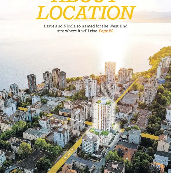  ??  ?? Davie and Nicola is a 21-storey condo tower project featuring 128 homes at the eponymous West End intersecti­on from Vivagrand Developmen­ts in Vancouver.