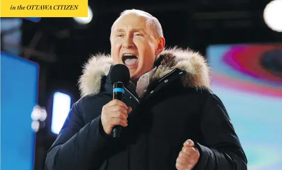  ?? ALEXANDER ZEMLIANICH­ENKO / THE ASSOCIATED PRESS ?? Russian President Vladimir Putin speaks during a rally in Moscow on Sunday. An election exit poll suggests that he’s secured six more years in the Kremlin.