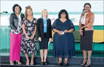  ?? Photo: Contribute­d ?? Empower… Nedbank Namibia spokespers­on Selma Kaulinge, journalist Charmaine Ngatjiheue, veteran journalist­s Gwen Lister and Menesia Muinjo and trade economist Paulina Elago.