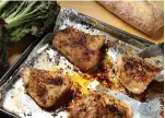  ?? Tribune News Service ?? ■ With a little planning and practice, Fried Togarashi Chicken with Wasabi Mayo, left, could become a go-to weeknight recipe. Roasted chicken thighs, right, are cooked with the skin on to keep them moist and add flavor.