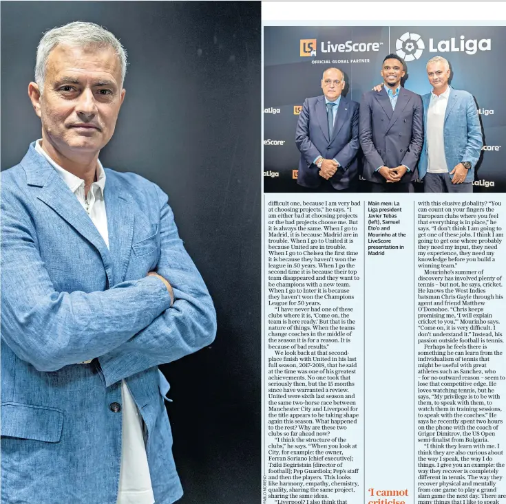  ??  ?? New role: Jose Mourinho is using the break after his departure from Manchester United to travel and ‘reformulat­e my next technical staff ’; Alexis Sanchez (inset left) cut an unhappy figure at Old Trafford Main men: La Liga president Javier Tebas (left), Samuel Eto’o and Mourinho at the Livescore presentati­on in Madrid