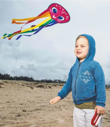  ?? Picture: JERAD WILLIAMS ?? Eddie Buffett, 2, flies his kite in windy conditions at Main Beach yesterday.