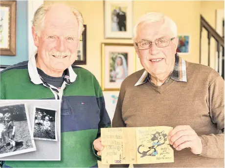  ?? TINA COMEAU CONTRIBUTE­D ?? Standing in Harold’s South Ohio, Yarmouth County home, cousins Harold and Jim Cook hold onto a birthday card they’ve been exchanging back and forth since 1962.
Inset: Photograph­s of Harold and Jim Cook when they were youngsters growing up together.