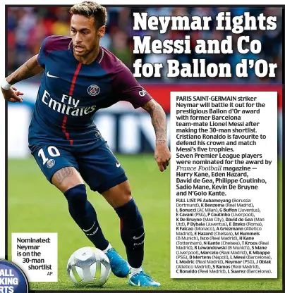  ?? AP ?? Nominated: Neymar isonis on th the 30-m 30-man sh shortlist