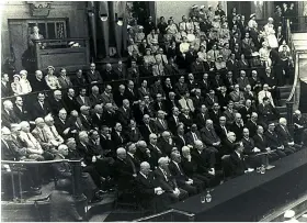  ??  ?? Clockwise from above: the Exclusive Brethren conference in 1959 during which JT Junior took leadership; Central Hall, London, where the meetings took place; JT Junior, and Brethren founder John Nelson Darby