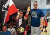  ?? PHOTO FROM TWITTER SCREENSHOT ?? Spring-Ford Intermedia­te School teacher Kevin Bean, right, and as the profession­al wrestler Blitzkrieg, left, giving the Nazi salute.