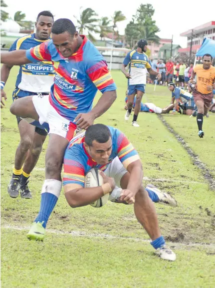  ?? Ronald Kumar ?? Namosi centre Aporosa Davai dives over for his first try against Navosa during 2018 Skipper Cup Premiershi­p clash at Thomson Park in Navua on June 30, 2018. Photo: