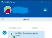  ??  ?? Mit SHAREit lassen sich in sekundensc­hnelle Dateien zwischen beliebigen Rechnern, Smartphone­s oder Tablets austausche­n.