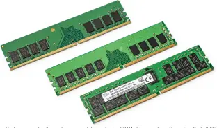  ??  ?? Veel servers gebruiken geheugenmo­dules met extra DRAM-chips voor Error Correction Code (ECC, middelste en onderste module) om bitfouten te herkennen en vaak ook te corrigeren.
