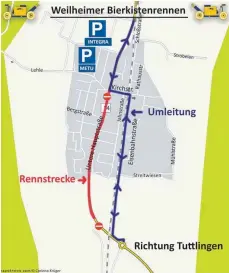  ?? GRAFIK: CORINNA KRÜGER ?? Renn- und Umleitungs­strecke des Bierkisten­rennens.