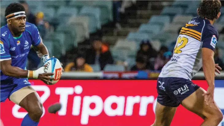  ?? Photos: Leon Lord ?? Swire Shipping Fijian Drua centre Kalaveti Ravouvou on the attack against the ACT Brumbies in Canberra, Australia, last week. Drua lost 28-43.