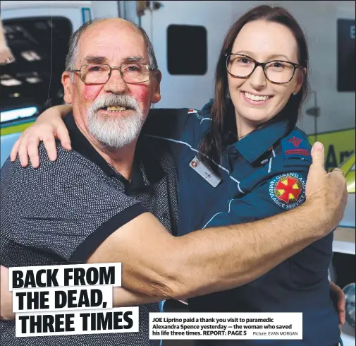  ?? Picture: EVAN MORGAN ?? JOE Liprino paid a thank you visit to paramedic Alexandra Spence yesterday — the woman who saved his life three times.