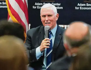  ?? Marta Lavandier / Associated Press ?? Former Vice President Mike Pence said he takes “full responsibi­lity” after classified documents were found at his Indiana home while speaking at Florida Internatio­nal University in Miami on Friday.