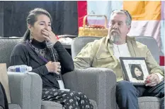  ?? ANDREW VAUGHAN/THE CANADIAN PRESS ?? Pam Fillier is supported by her husband Fred Fillier at the National Inquiry into Missing and Murdered Indigenous Women and Girls in Moncton, N.B., on Tuesday. Fillier’s daughter, Hilary Bonnell, was found dead two months after she vanished from the...