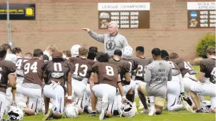  ?? PHOTOS BY DOUGLAS KILPATRICK/SPECIAL TO THE MORNING CALL ?? Lehigh coach Tim Gilmore talks with his team after the final spring practice Saturday at Goodman Stadium.