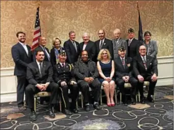  ?? SUBMITTED PHOTO ?? Seated from left, Freedom Medal Award winners Sean Sweeney, Marty Costello, Jennifer Jones, Dr. Tina Kane, Jerry Sweeley and Bill Kinney Jr. are flanked by members of Delaware County Council and the Delaware County Veterans Memorial Associatio­n board.