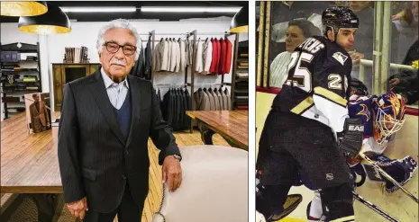  ?? RENAUD PHILIPPE / THE NEW YORK TIMES GENE J. PUSKAR / AP 2001 ?? Giovanni Vacca, a suit maker for hundreds of profession­al hockey players, in his store in Montreal, March 13. The diminutive 86-year-old Italian immigrant in Montreal stands tall among the many hockey players he’s dressed. He also dresses executives — including Boston Bruins general manager Don Sweeney. Pittsburgh Penguins star Kevin Stevens, shown in 2001, is one the many NHL legends who used the tailoring skills of Giovanni Vacca. Clientele include Wayne Gretzky, Rob Blake and Mark Recchi.