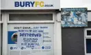  ??  ?? Fans’ anger is expressed on a poster outside Gigg Lane. Photograph: Visionhaus