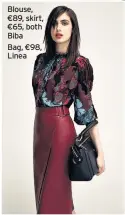  ??  ?? Blouse, €89, skirt, €65, both Biba Bag, €98, Linea