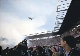  ??  ?? A flyover was part of the prematch festivitie­s Thursday at Avaya Stadium in San Jose.