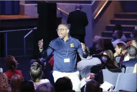  ?? FILE, COURTESY OF DOMINICK FERLITO ?? Euclid High School Principal Corey Russell speaks about school spirit at the high school’s auditorium.