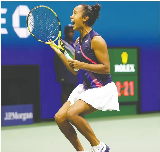  ?? ELSA / GETTY IMAGES ?? Leylah Fernandez celebrates defeating Aryna Sabalenka of Belarus in their semifinal match on Thursday at the U.S. Open.