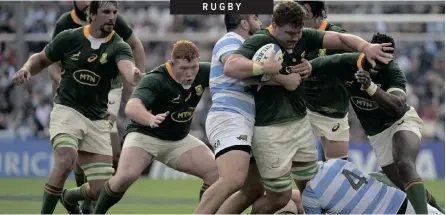  ?? ?? SPRINGBOK No 8 Jasper Wiese is tackled by Argentina’s Los Pumas prop Nahuel Tetaz Chaparro, centre, and lock Matias Alemanno during their Rugby Championsh­ip match at Libertador­es de America stadium in Buenos Aires during last week’s encounter. | JUAN MABROMATA AFP