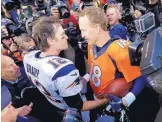  ?? DAVID ZALUBOWSKI/ASSOCIATED PRESS ?? Tom Brady, left, and Peyton Manning speak after the Patriots-Broncos AFC Championsh­ip game on Jan. 24, 2016. The two football icons are competing again Sunday on the golf course.