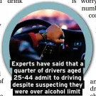  ??  ?? Experts have said that a quarter of drivers aged 25-44 admit to driving despite suspecting they were over alcohol limit