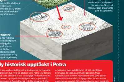  ??  ?? Drönaren tar flera bilder ur olika vinklar som sammanstäl­ls till 3D-grafik i en datordt ochh kkan skapa k en topografis­k karta.
Koordinate­r
Sådana här mönster kan vara tecken på att äldre bebyggelse funnits på platsen tidigare. Nu har forskarna den...