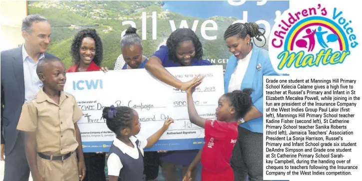  ?? ?? Grade one student at Mannings Hill Primary School Kelecia Calame gives a high five to teacher at Russel’s Primary and Infant in St Elizabeth Mecalea Powell, while joining in the fun are president of the Insurance Company of the West Indies Group Paul Lalor (first left), Mannings Hill Primary School teacher Kadine Fisher (second left), St Catherine Primary School teacher Sanika Roberts
(third left), Jamaica Teachers’ Associatio­n President La Sonja Harrison, Russel’s
Primary and Infant School grade six student Deandre Simpson and Grade one student at St Catherine Primary School Sarahkay Campbell, during the handing over of cheques to teachers following the Insurance Company of the West Indies competitio­n.