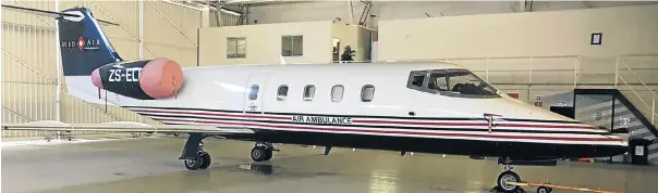  ?? /Supplied ?? Pocket rocket: The Learjet 55 ZS-ELI, which goes on auction on Wednesday, is configured for passenger charter services, but can be reconfigur­ed for medical air rescue.