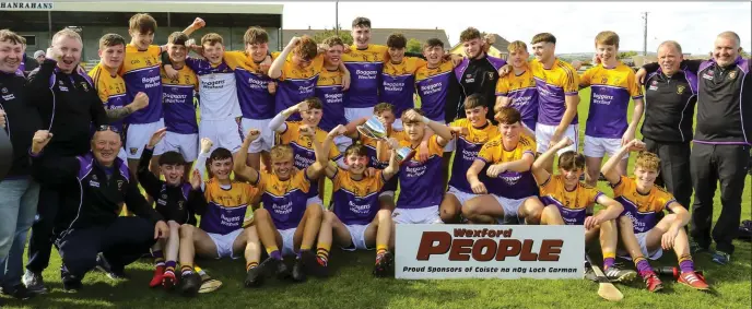  ??  ?? The Faythe Harriers players celebrate with mentors Francis Byrne, Peter Cassin, Brian Walsh, Tommy Hynes and Nicky Lawlor after victory in Saturday’s epic Wexford People MHC Premier final. SEE PAGE 47