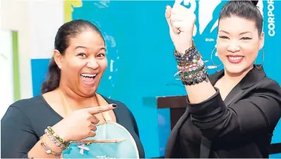  ??  ?? Sigma Run patron Tessanne Chin (right) was in arm candy heaven alongside Gianna Fakhourie at the Sigma Corporate Run 2017 launch recently.