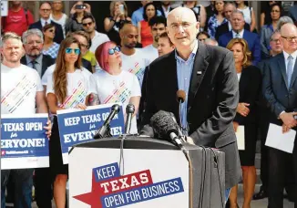  ?? RALPH BARRERA / AMERICAN-STATESMAN ?? Phil Gilbert, global head of design for IBM, speaks at a Capitol rally Monday of workers from IBM and other businesses, as well as tourism representa­tives, in opposition to a bill in the special session of the Legislatur­e that would restrict...
