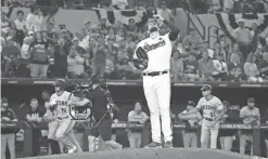  ?? ROB SCHUMACHER/THE REPUBLIC ?? Texas pitcher Jordan Montgomery reacts after a home run by DBacks catcher Gabriel Moreno in the fourth inning of Game 2 of the 2023 World Series at Globe Life Field on Oct. 28, 2023 in Arlington, Texas.