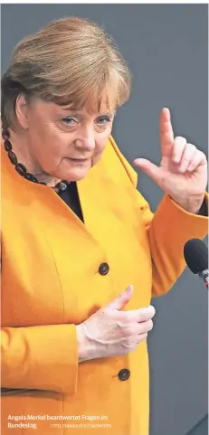  ?? FOTO: EMMANUELE CONTINI/DPA ?? Angela Merkel beantworte­t Fragen im Bundestag.