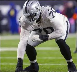  ?? Heidi Fang Las Vegas Review-journal @Heidifang ?? Raiders lineman Alex Leatherwoo­d had a good week at OTAS, getting the chance to return to his natural position at right tackle.