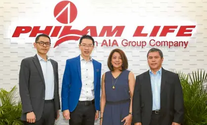  ??  ?? TOP PHILAM TEAM (from left) Leo Tan, chief marketing officer; Kelvin Ang, chief executive officer; Gigi Pio de Roda, chief operations officer; and Noel Mendoza, chief technology officer