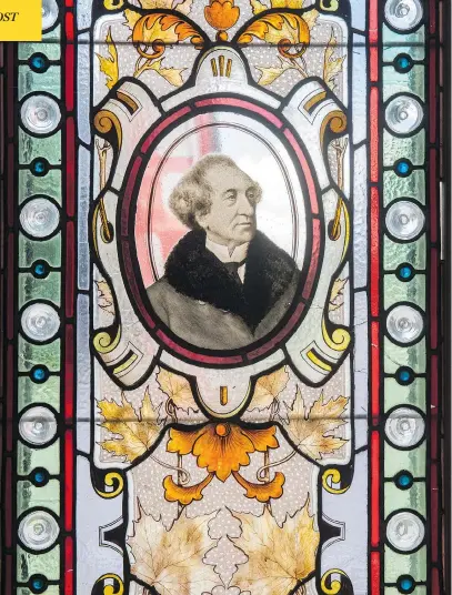  ?? TYLER ANDERSON / NATIONAL POST ?? A one-of-a-kind stained-glass window featuring an image of Sir John A. Macdonald in Meaford, Ont.